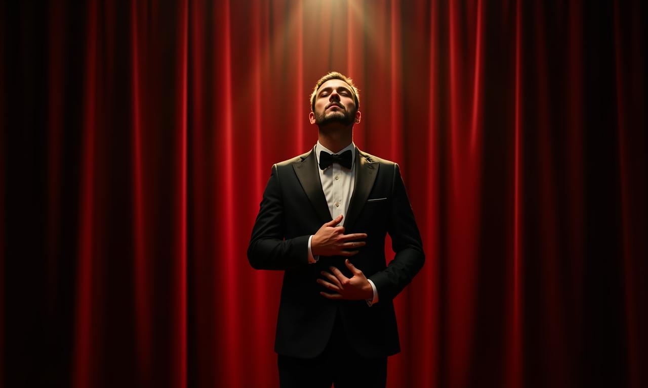 Un attore che respira profondamente dietro le quinte di un teatro classico