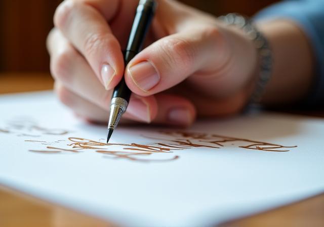 Studente di calligrafia che pratica il tratto cancelleresco in un laboratorio luminoso
