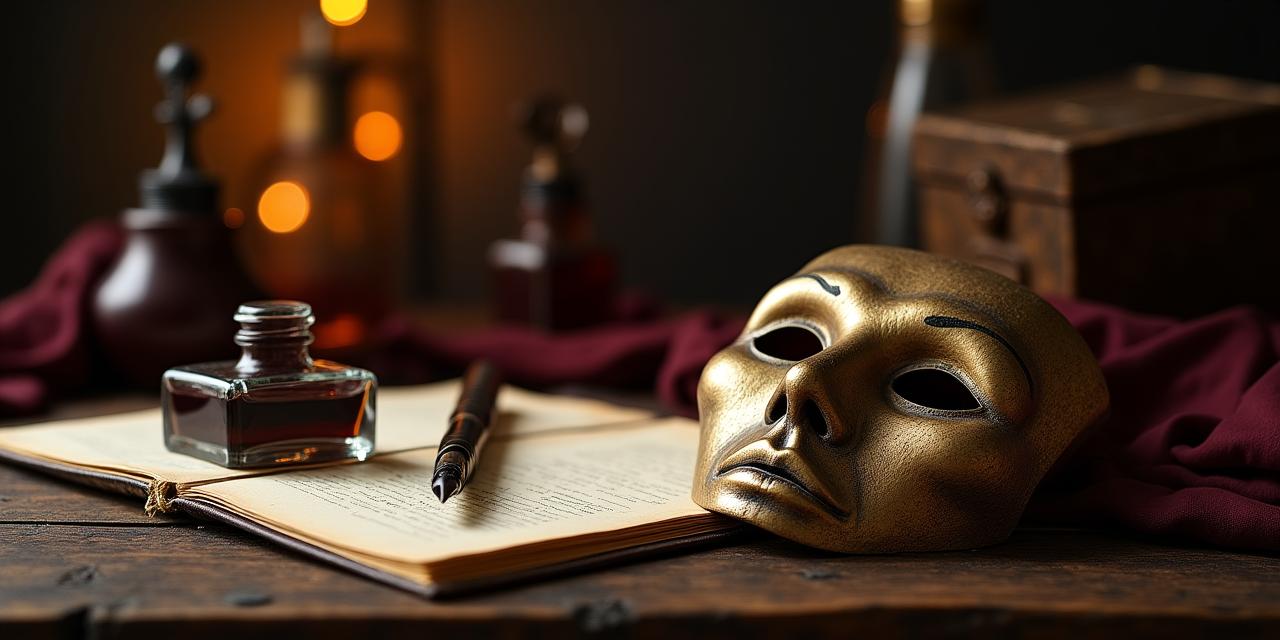 Un calamaio e una maschera teatrale antica su un tavolo di legno