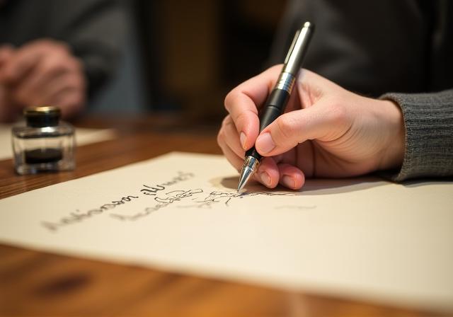 Studente che pratica calligrafia italica con calamaio